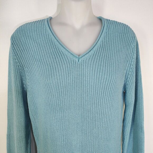 Chico’s Sweater Women’s Size 1 Medium Silk Blend V Neck Teal Cable Knit Preppy - Picture 3 of 8